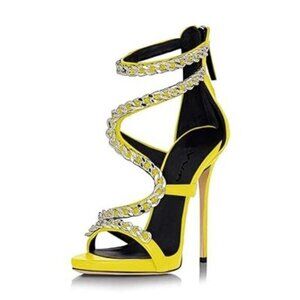 XYD Yellow Nightclub Metal Chain Stiletto High Heels Sandals for Women Pumps